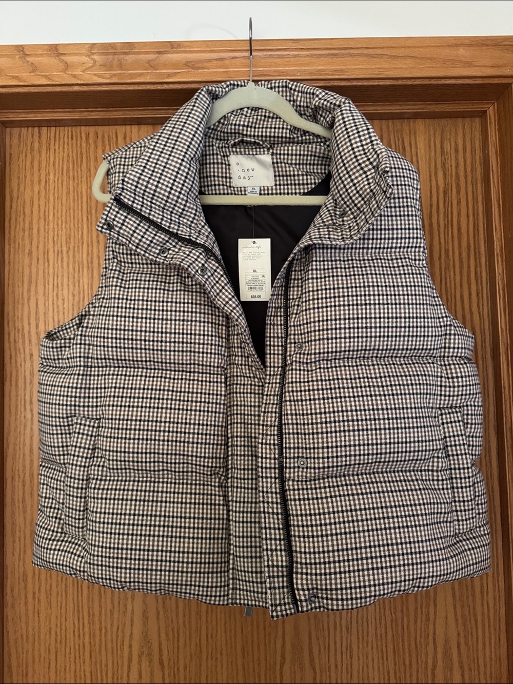 a new day Black, Tan and White Gingham Puffer Vest